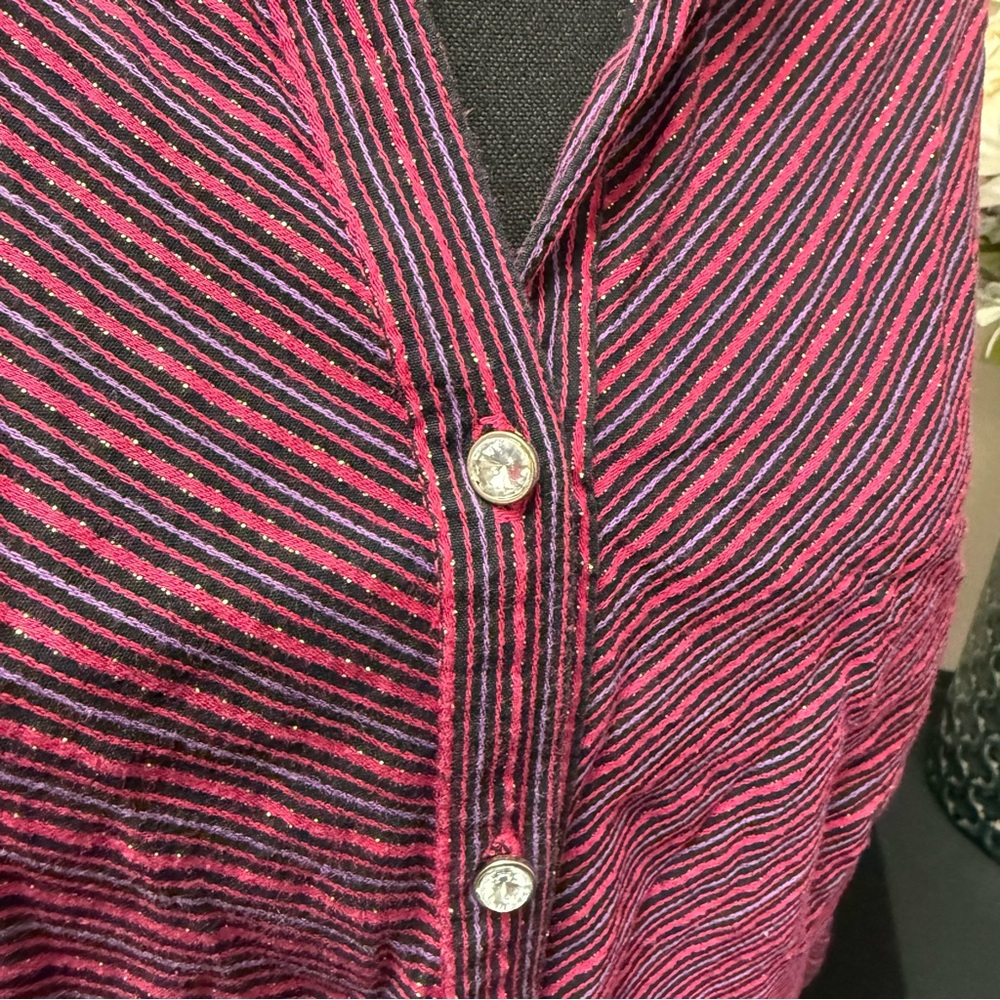Pink Metallic Stripe Button-Down Shirt L | Quizz Again Stretch Top - Picture 5 of 8